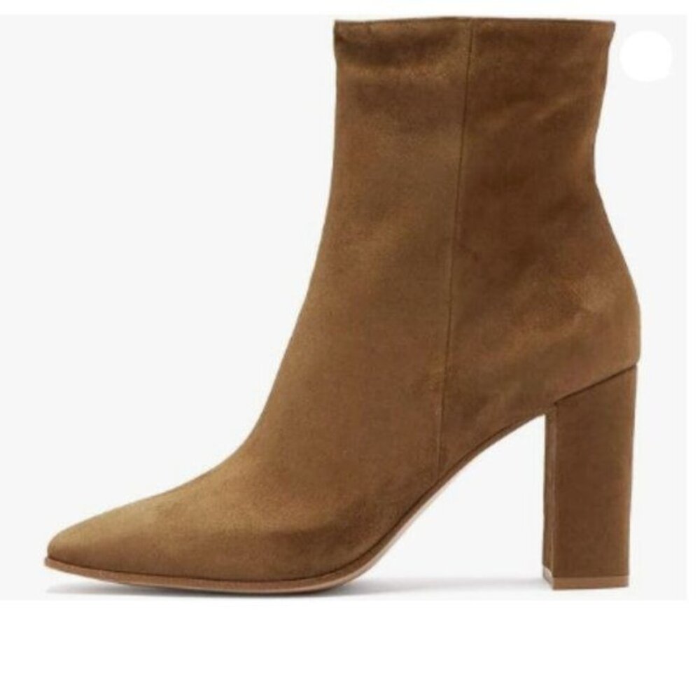 YDN Suede Brown Chunky High Heels Pumps Zipper Ankle Boots Closed Toe Shoes